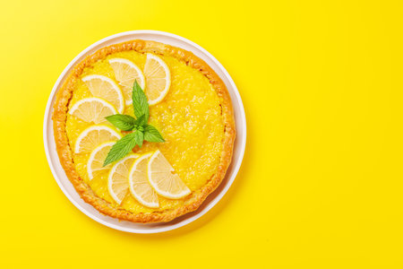 Delicious lemon tart with golden crust and smooth, glossy lemon filling, garnished lightlyの写真素材