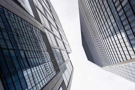 Buildings and skyline of Manhattan against moody skyの写真素材