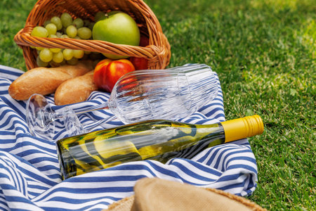 Picnic with wine, fruits, and baguette on a sunny green meadowの写真素材