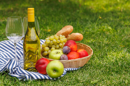 Picnic with wine, fruits, and baguette on a sunny green meadowの写真素材