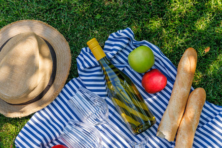 Picnic with wine, fruits, and baguette on a sunny green meadowの写真素材