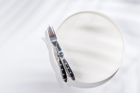 Empty plate on a white background with leaf shadows, perfect food mockup. Flat lay with copy spaceの写真素材