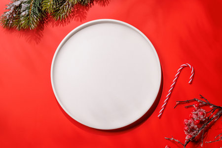 Empty plate with snowy fir branches on red background, Christmas food mockup. Flat layの写真素材