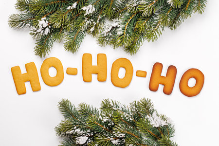 Ginger cookies shaped as Ho Ho Ho with fir branches on white background, Christmas card styleの写真素材