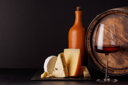 A refined selection of aged cheeses presented on a board, accompanied by a glass of wine, set against a dramatic dark background. A perfect setting for a gourmet indulgenceの写真素材
