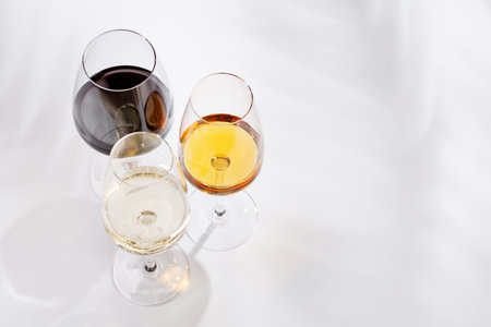 Different wine glasses on white background, elegant wine composition with copy spaceの写真素材