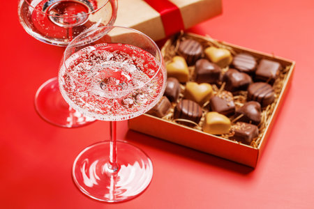 A glasses of champagne elegantly paired with a gift box, set against a romantic backdrop, creating the perfect Valentine's Day mood for celebration and loveの写真素材