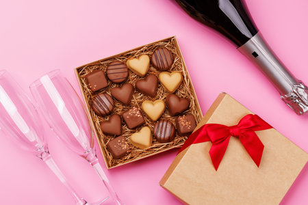 A glasses of champagne elegantly paired with a box of rich chocolates, set against a romantic backdrop, creating the perfect Valentine's Day mood for celebration and loveの写真素材