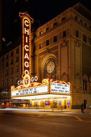 Chicago, Illinois, USA - May 25 2025: Chicago Theater with its iconic marquee sign and surrounding city buildingsのeditorial素材