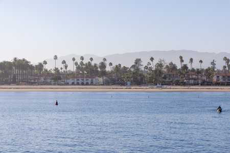 Santa Barbara, California, United States - September 29 2022: Sunny coastline of Santa Barbara with sandy beach, blue ocean and calm atmosphere on a clear autumn day.のeditorial素材