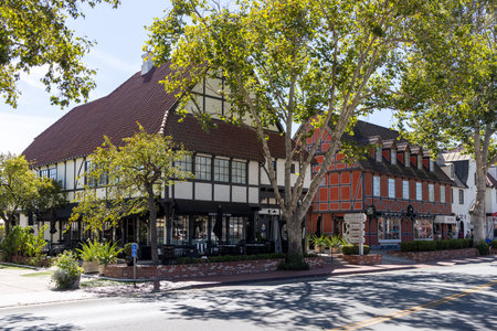 Solvang, California, United States - September 29 2022: Cozy streets of Solvang with traditional Danish style buildings, shops and a calm small town atmosphere.のeditorial素材