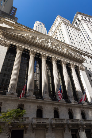 New York City, New York, United States - October 13 2022: The New York Stock Exchange building in downtown Manhattan, showing its historic facade and role as a global financial landmarkのeditorial素材