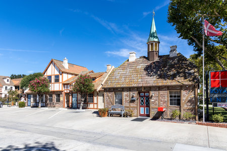 Solvang, California, United States - September 29 2022: Cozy streets of Solvang with traditional Danish style buildings, shops and a calm small town atmosphere.のeditorial素材