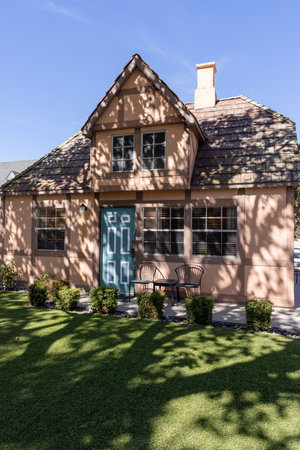 Solvang, California, United States - September 29 2022: Cozy streets of Solvang with traditional Danish style buildings, shops and a calm small town atmosphere.のeditorial素材