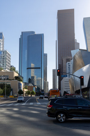 Los Angeles, California, United States - October 01 2022: View of downtown Los Angeles with modern skyscrapers, busy streets and urban atmosphere in the city center.のeditorial素材