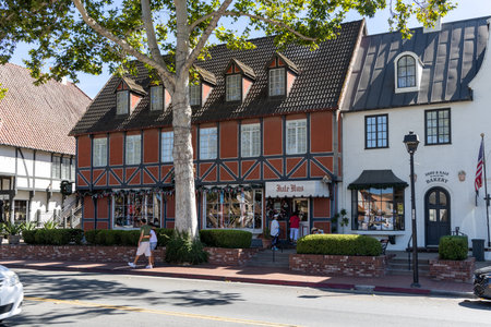 Solvang, California, United States - September 29 2022: Cozy streets of Solvang with traditional Danish style buildings, shops and a calm small town atmosphere.のeditorial素材