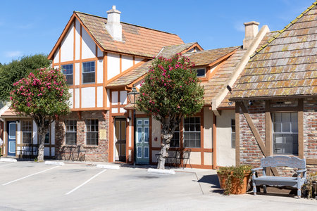 Solvang, California, United States - September 29 2022: Cozy streets of Solvang with traditional Danish style buildings, shops and a calm small town atmosphere.のeditorial素材