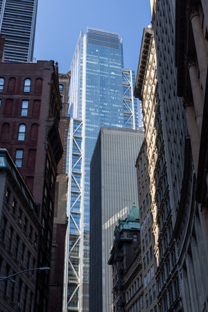 New York City, New York, United States - October 13, 2022: View of downtown New York with tall buildings, busy streets and active urban life in the financial and business center of the city.のeditorial素材