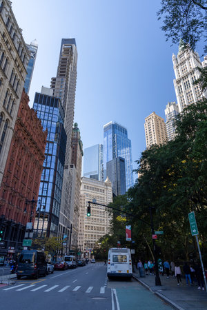 New York City, New York, United States - October 13, 2022: View of downtown New York with tall buildings, busy streets and active urban life in the financial and business center of the city.のeditorial素材