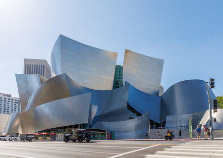 Los Angeles, California, United States - October 01 2022: The Walt Disney Concert Hall in downtown Los Angeles, showing its iconic modern architecture and stainless steel facade on a clear day.のeditorial素材