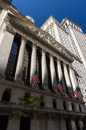 New York City, New York, United States - October 13 2022: The New York Stock Exchange building in downtown Manhattan, showing its historic facade and role as a global financial landmarkのeditorial素材