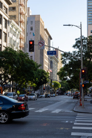 Los Angeles, California, United States - October 01 2022: View of downtown Los Angeles with modern skyscrapers, busy streets and urban atmosphere in the city center.のeditorial素材