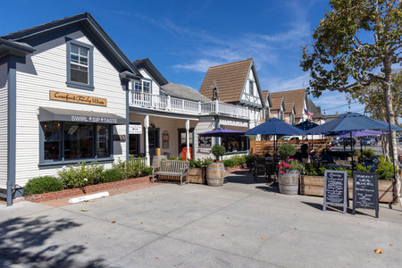 Solvang, California, United States - September 29 2022: Cozy streets of Solvang with traditional Danish style buildings, shops and a calm small town atmosphere.のeditorial素材