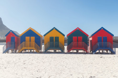 Colorful beach huts at Muizenberg Beach in Cape Town, iconic seaside scene on a sunny day