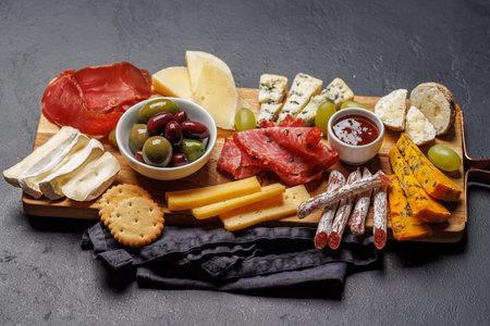Assorted cheeses and cured meats served as a perfect accompaniment to wine, gourmet dining concept