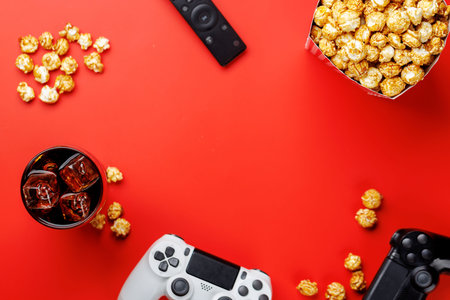 Popcorn in paper bucket, cola and game controller on bright red background, gaming evening...