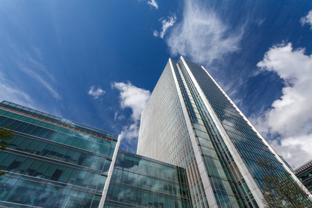 London, United Kingdom - April 10 2012: Canary Wharf financial district with modern skyscrapers,...