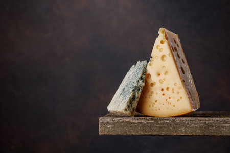 Assorted cheese pieces on wooden table with dark background