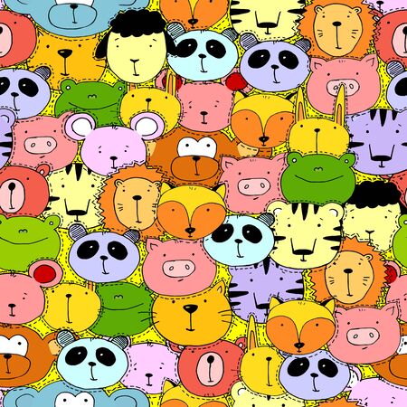 Funny animals heads set of vector illustrations. Design element, cards with hand drawn faces of wild animals in cartoon.のイラスト素材