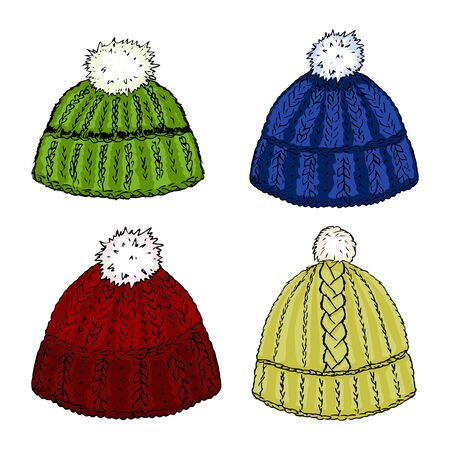 Four bright colored woolen knit hats.のイラスト素材