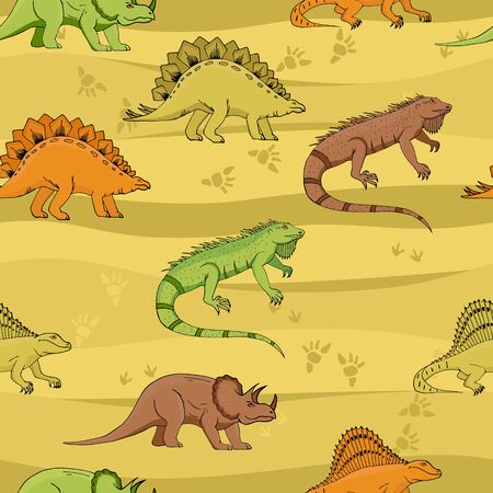 Dino Seamless Pattern, Cute Cartoon Hand Drawn Dinosaurs Doodles Vector Illustration. Ideal for wallpaper, textile, wrapping paper design.のイラスト素材