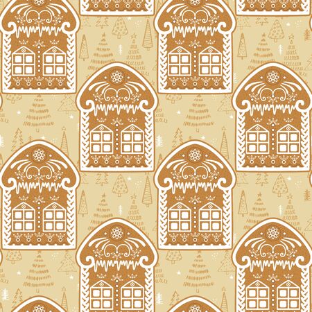 Gingerbread houses seamless pattern. Vector hand drawn background for design and decoration textile, covers, package, wrapping paper.のイラスト素材