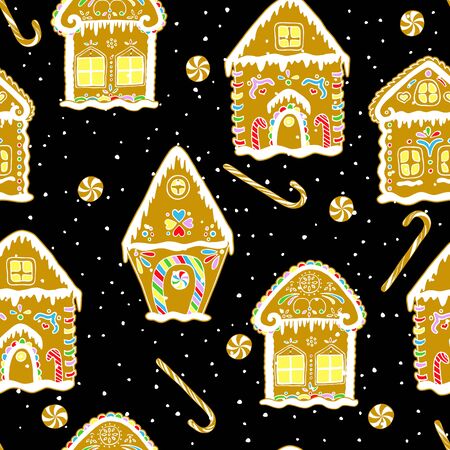 Christmas gingerbread seamless pattern with gingerbread houses on black background.のイラスト素材