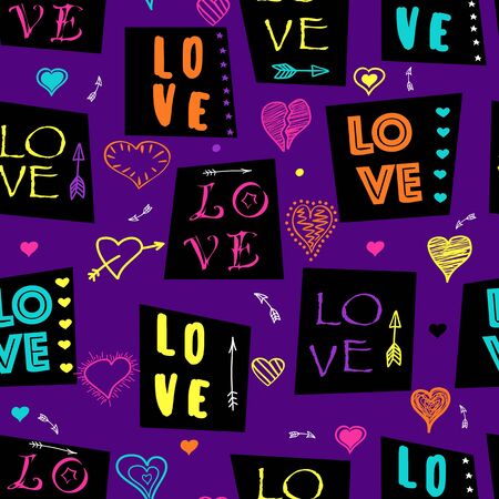 Fashionable  seamless pattern with text love. Seamless cool background.Repeated bright pattern for textile, sport clothes, wrapping paper, T-shirts, web.のイラスト素材