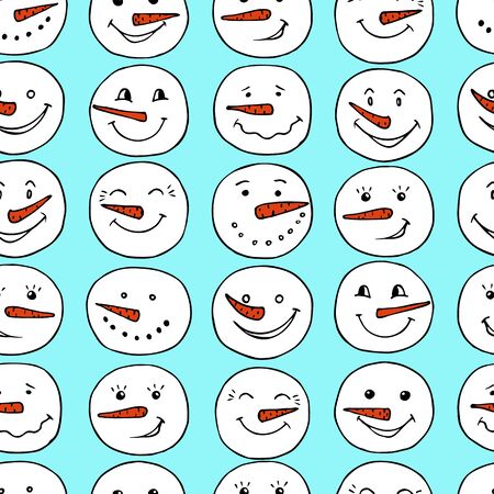 Cute cartoon seamless pattern background with snowman heads on blue background. Christmas design. のイラスト素材