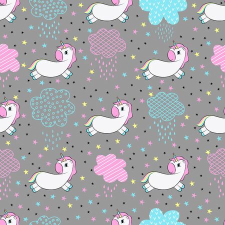 Vector pattern with cute unicorns, clouds and stars. Magic background with little unicorns. Ideal for textile, wrapping, wallpaper.のイラスト素材