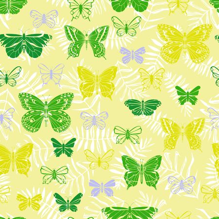 Colourfull seamless pattern of flying butterflies and leaves. Tropical butterfly silhouette. Hand drawn vector illustration. Print for fabric, paper and background.のイラスト素材