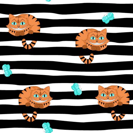 Seamless pattern with orange cats. Kitty smile and play with butterflies. Pattern for children's fabrics and clothes.&#xD;のイラスト素材