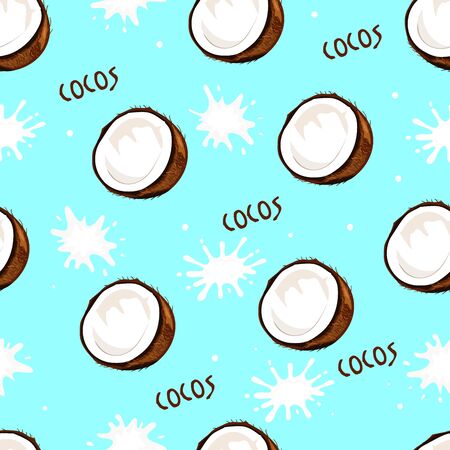 Seamless pattern with coconuts and milk. Half a coconut. Wallpaper, print, wrapping paper, modern textile design, banner, poster.のイラスト素材