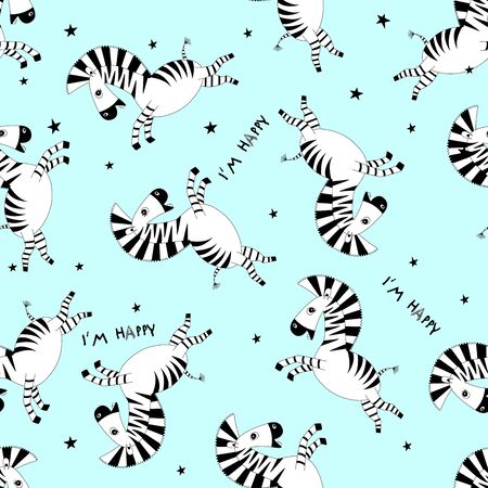 Seamless pattern cartoon little cute baby zebra flying and smiles. Template design for fabric, envelope, for kids, holiday decor.のイラスト素材
