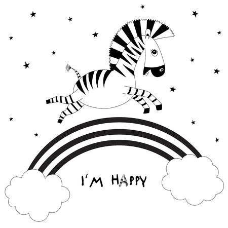 Cartoon animals. Little cute baby zebra flying and smiles. Rainbow, cloudy and stars. Template design for fabric, envelope, for kids, holiday decor.のイラスト素材