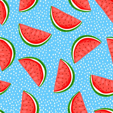 Slices of watermelon and seeds on a blue background. Seamless pattern summer theme tropical backdrop fruit, berries and leaves. Perfect for textile manufacturing wallpaper posters.のイラスト素材