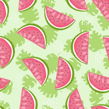 Slices of watermelon and seeds on a green leaves background. Seamless pattern summer theme tropical backdrop fruit, berries and leaves. Perfect for textile manufacturing wallpaper posters.のイラスト素材