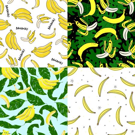 Homemade banana collection. Seamless patterns with bananas, exotic leaves and dot. Perfect for wallpaper, wrapping paper, textile and package design.のイラスト素材