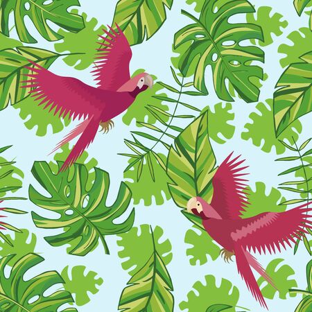 Vector hand drawn tropical leaves and pink parrots. Tropical collection. Template design for fabric, envelope, valentine, for party, holiday decor.のイラスト素材