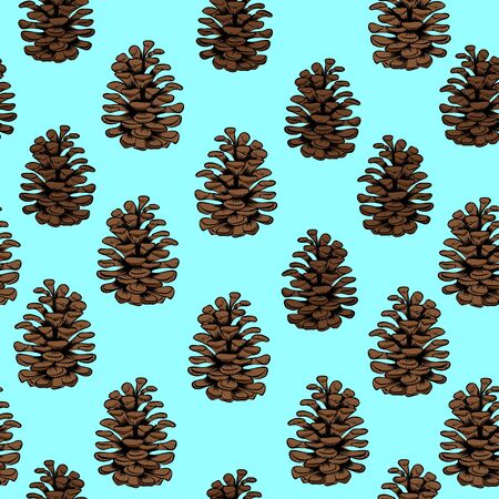 Vector seamless pattern with pine cones silhouette. Cones decoration isolated on blue background. Realistic decorative background for fabric.のイラスト素材